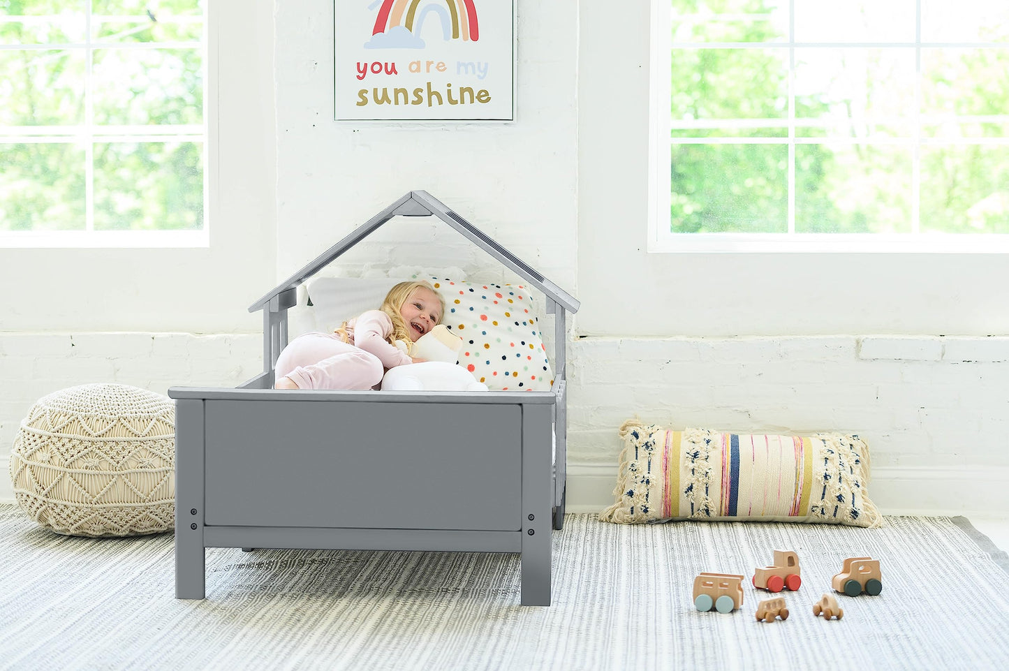 Little Partners Lil' House Toddler Bed, Solid Wood Home-Shaped Child's Bed Frame with Rails & Two Safety Guards, Fits Crib Size Mattress, Easy Access Low-to-Ground Modern Design (Silver Drop)