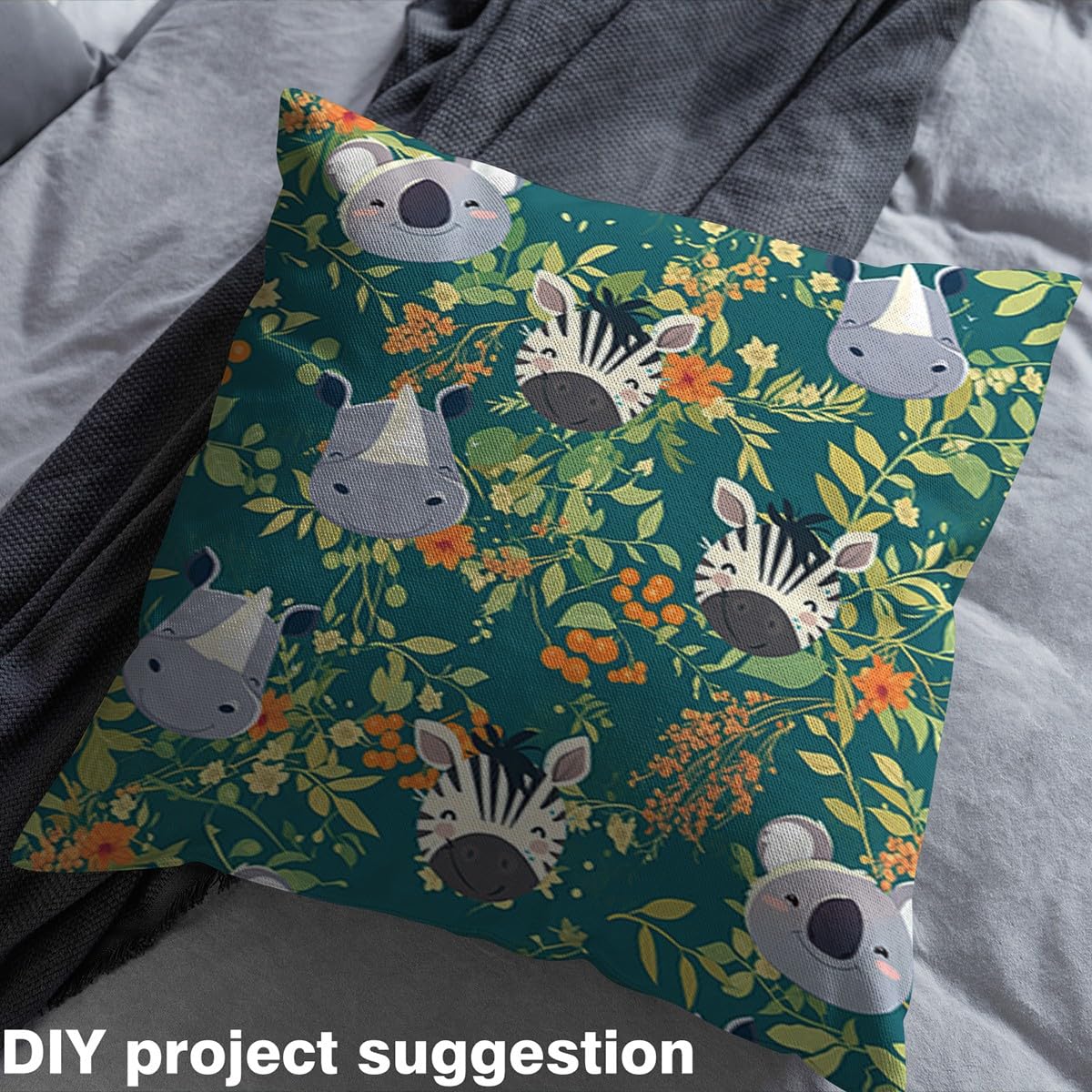 Cartoon Animals Fabric by The Yard Cute Zebra Koala Hippo Wildlife No Stretch Sewing Fabric Watercolor Green Leaves Jungle Soft Flannel Polyester Fabric for Home DIY Projects 1 Yard Pre-Cut,36"x59"