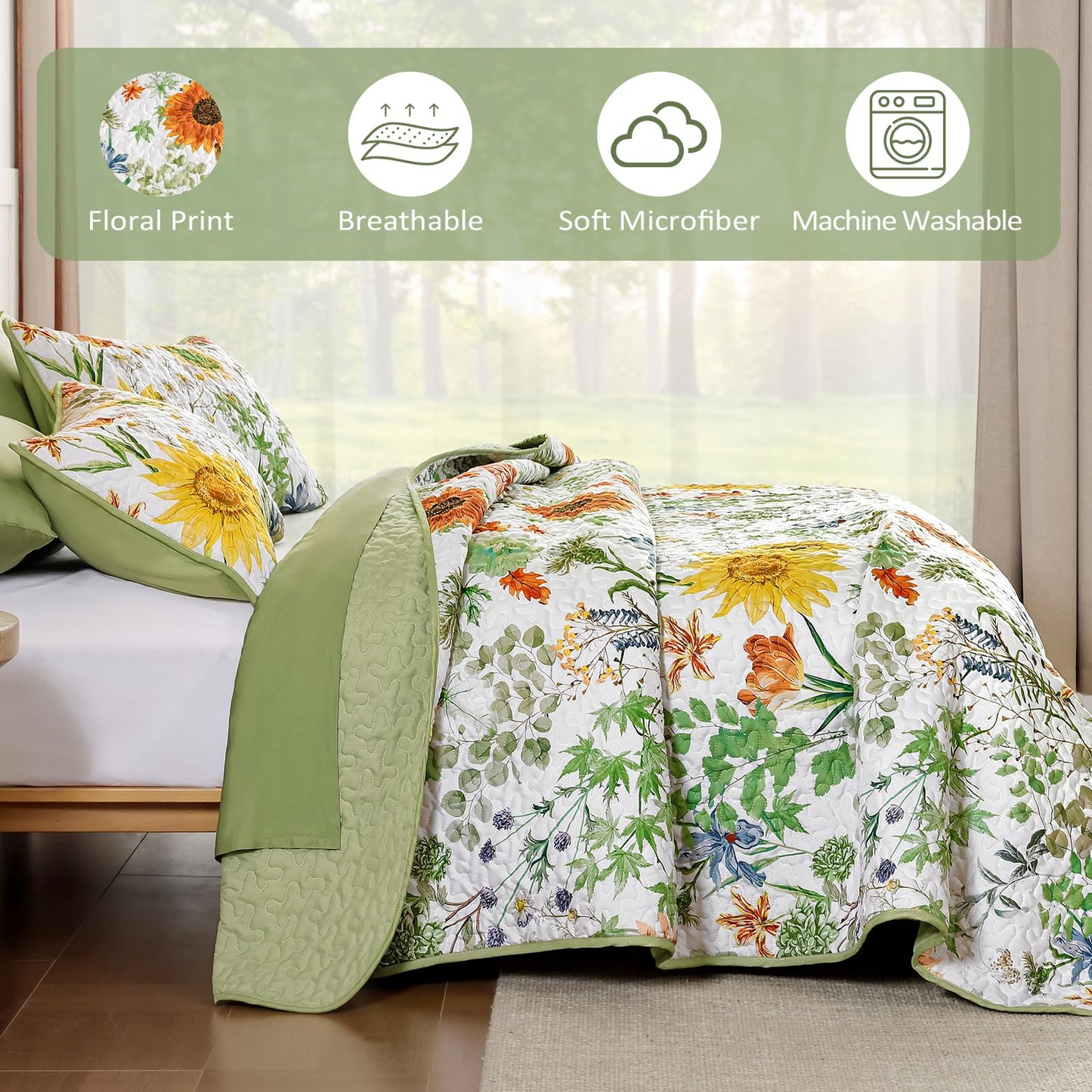 Yiran Floral King Quilt Bedding Set, Sage Green Sunflower Colorful Bedspreads, 3 Pieces Summer Soft Lightweight Coverlet with 2 Pillow Shams for All Season 106x90 Inch