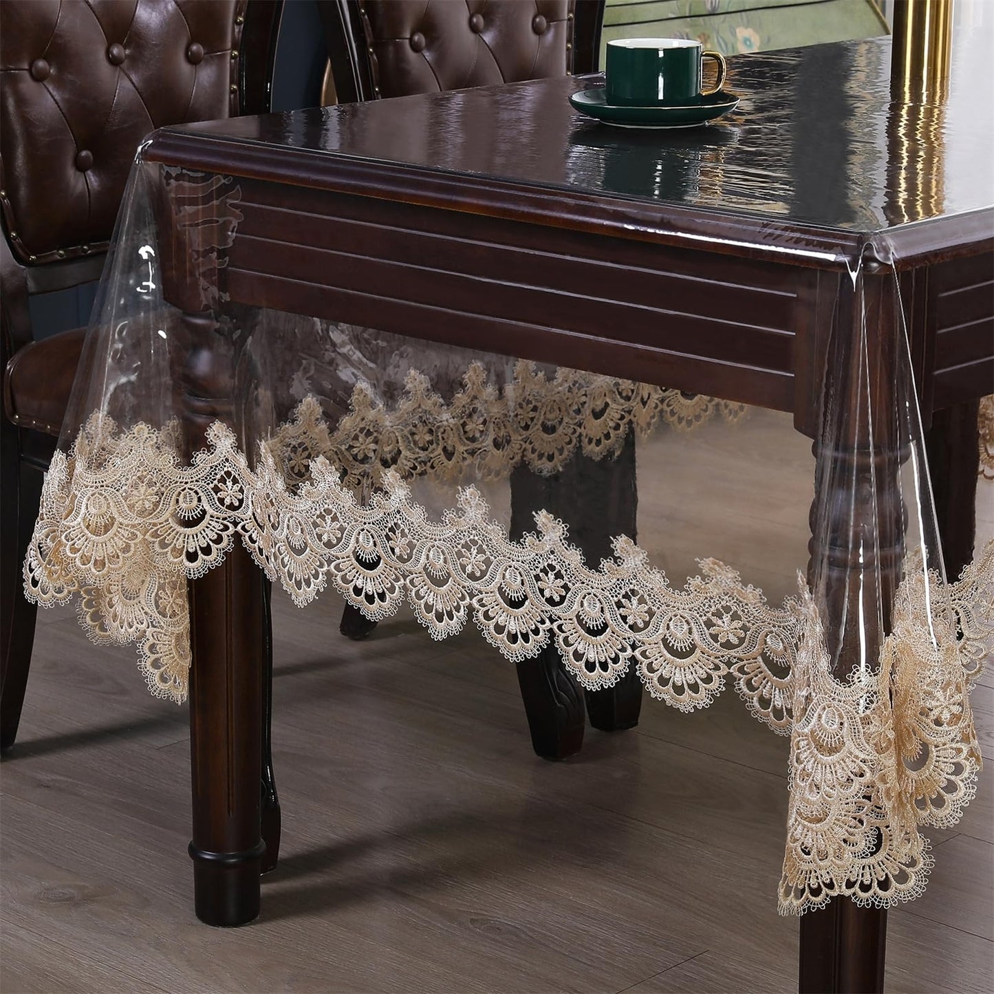 Rakila Clear Plastic Rectangle Tablecloth Vinyl Waterproof Table Cloth Embroidered Lace Edge Transparent Table Cover for Dining Kitchen Outdoor(60 x 86 inch, Coffee Style 3)