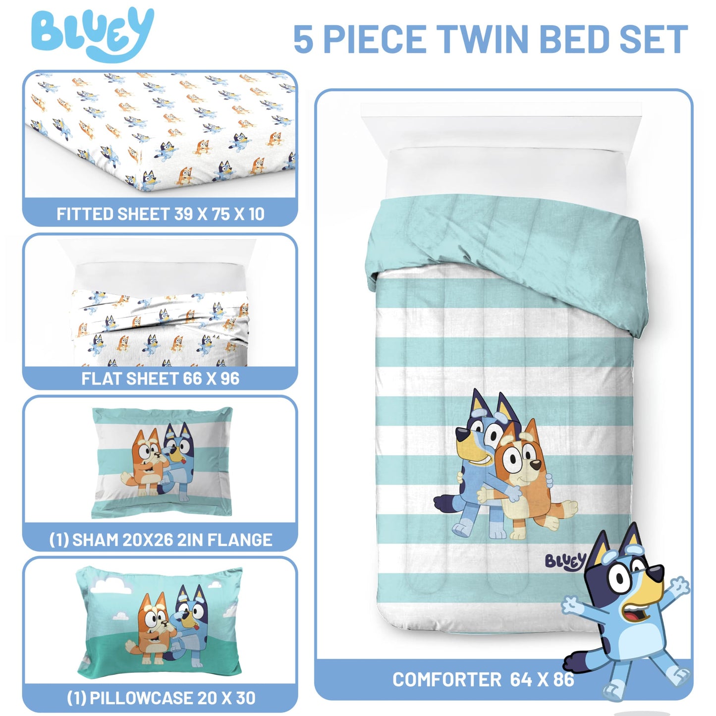 Bluey & Bingo 5 Piece Twin Bed in a Bag - Kids Comforter and Sheet Set with Sham - Super Soft Machine Washable Fade Resistant Microfiber, Oeko TEX Certified (Official Licensed Product) by Jay Franco