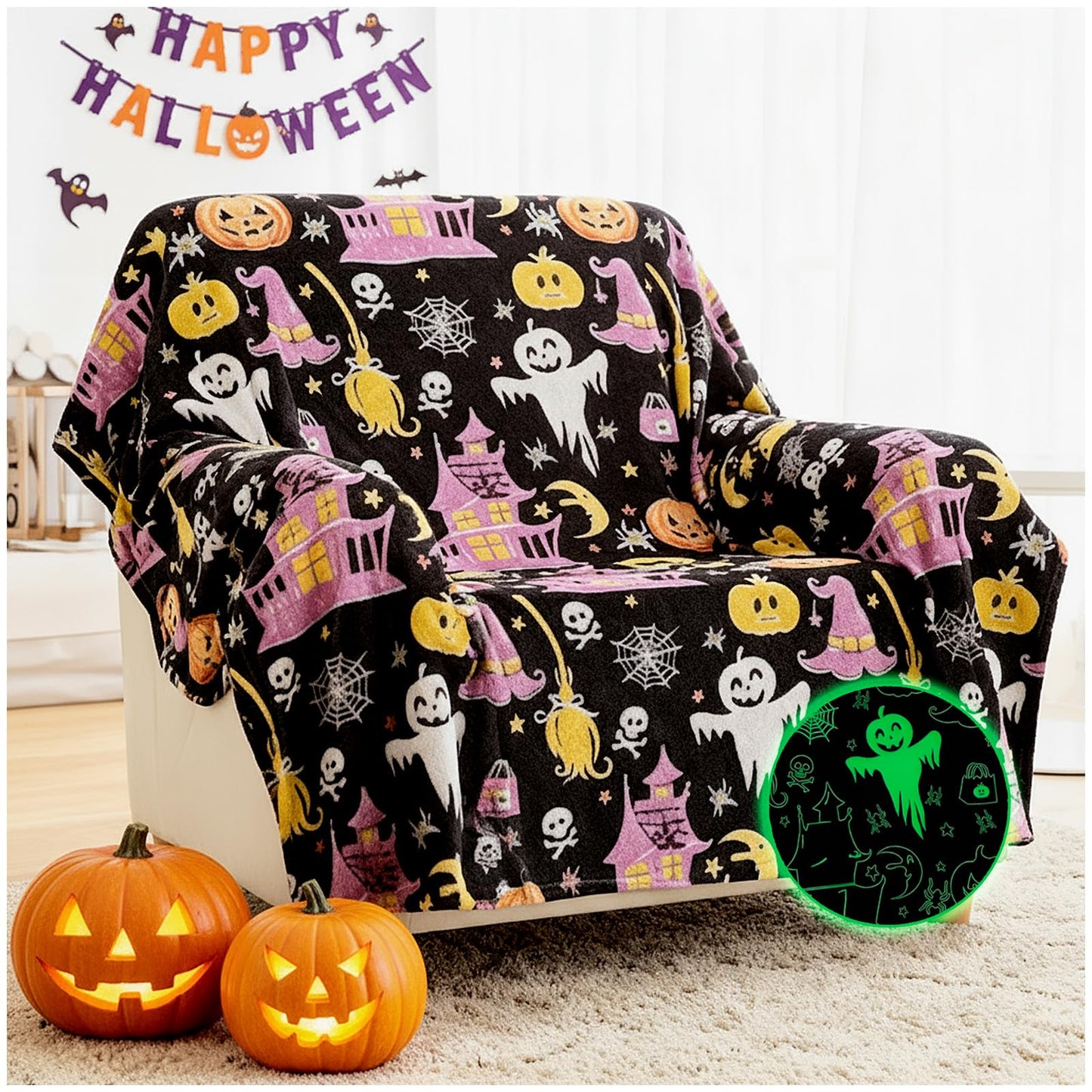 MATICAN Halloween Throw Blanket, 50" x 60" Glow in The Dark, Cozy, Plush Fleece, Midnight Glow Manor, Spooky Design