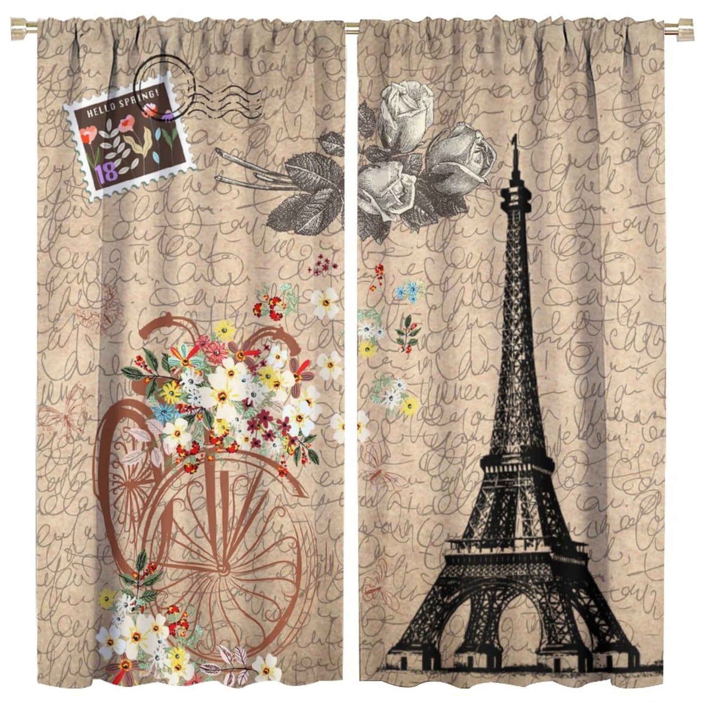 Vintage Paris Eiffel Tower Curtains - Rustic Romantic Rose French Paris Tower Old Bicycle Floral Window Curtain Room Darkening Blackout Thermal Insulated Rod Pocket Curtains 2 Panels 45"L x 21"W