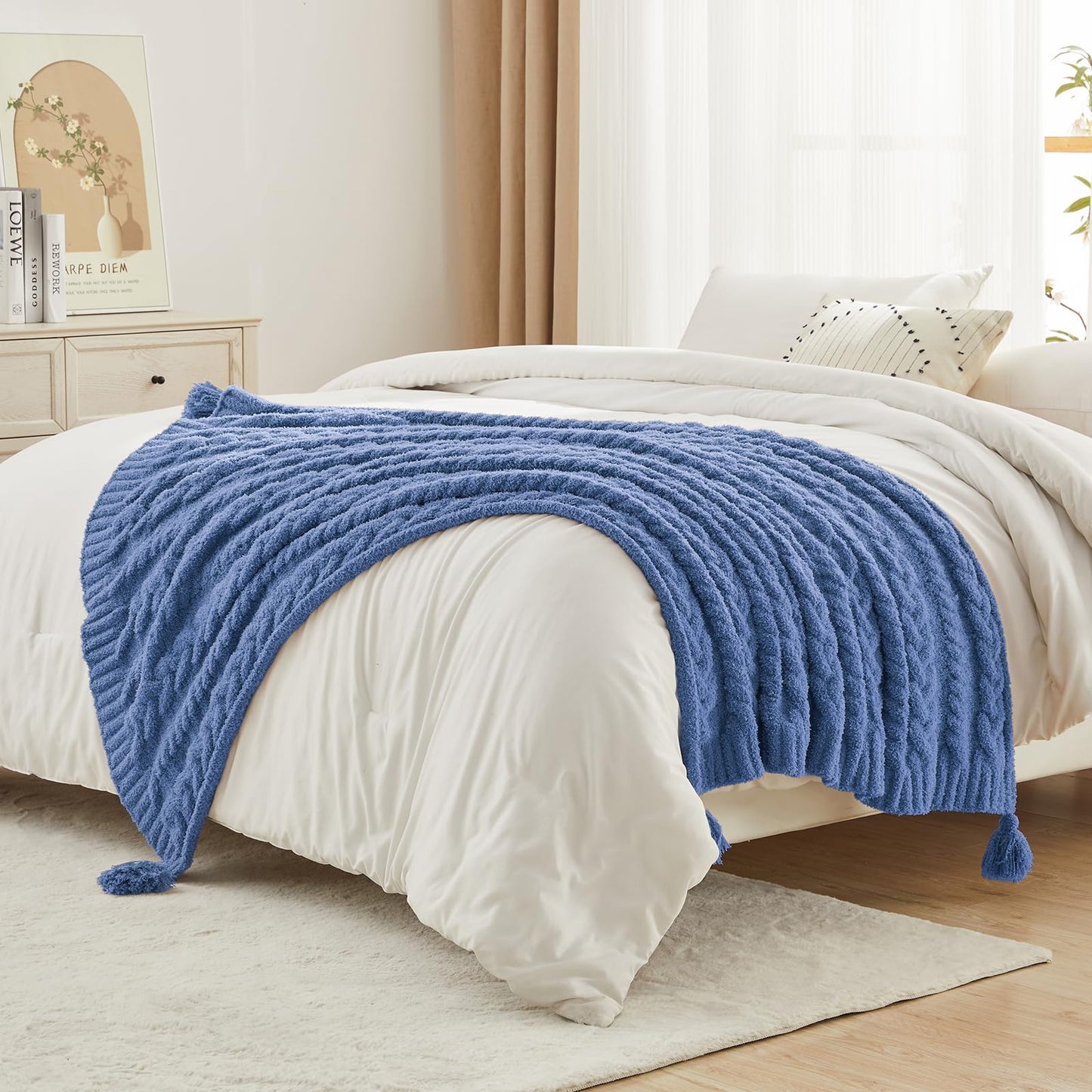 HORIMOTE HOME Chenille Chunky Knit Throw Blanket for Couch with Tassels, Soft Cozy Blanket for Sofa Chair Bed, Blue, 50"x 60"