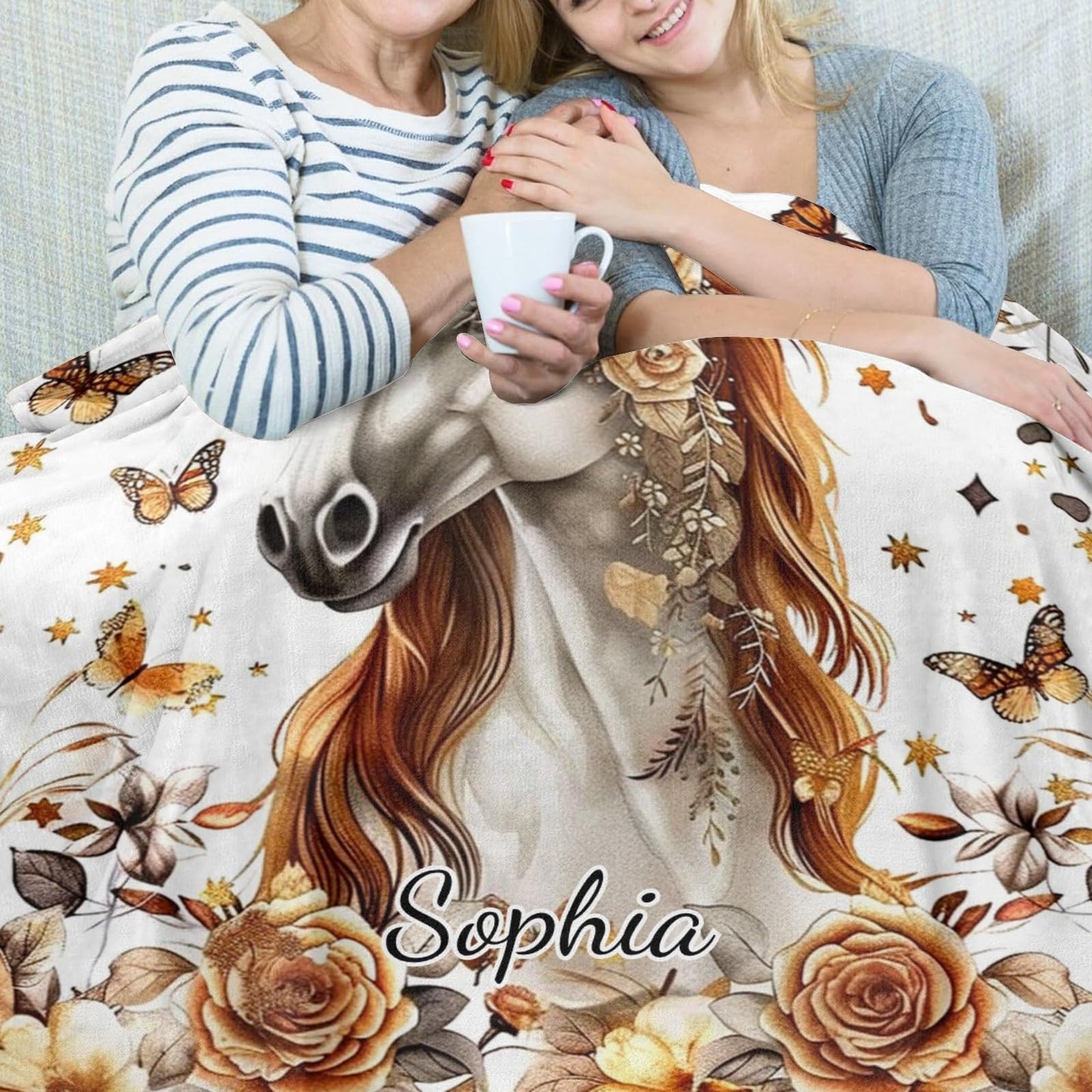 Customized Horse Blanket with Flowers, Add Your Name Text Blankets Soft Warm Small Throw for Women Men Couch Sofa Bed