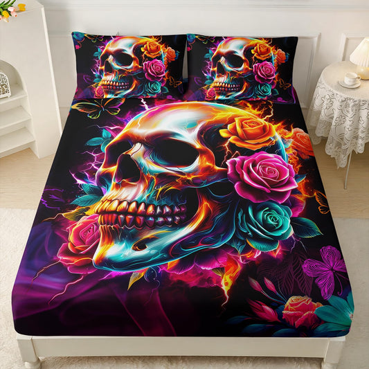 AILONEN 3D Colorful Skull Fitted Sheet Set Queen Size, Gothic Skeleton Bones with Rose Bedding Set for Kids,Boys,Girls,Colorful Fog Theme Bed Sheet Set,1 Fitted Sheet 2 Pillowcases,3-Piece