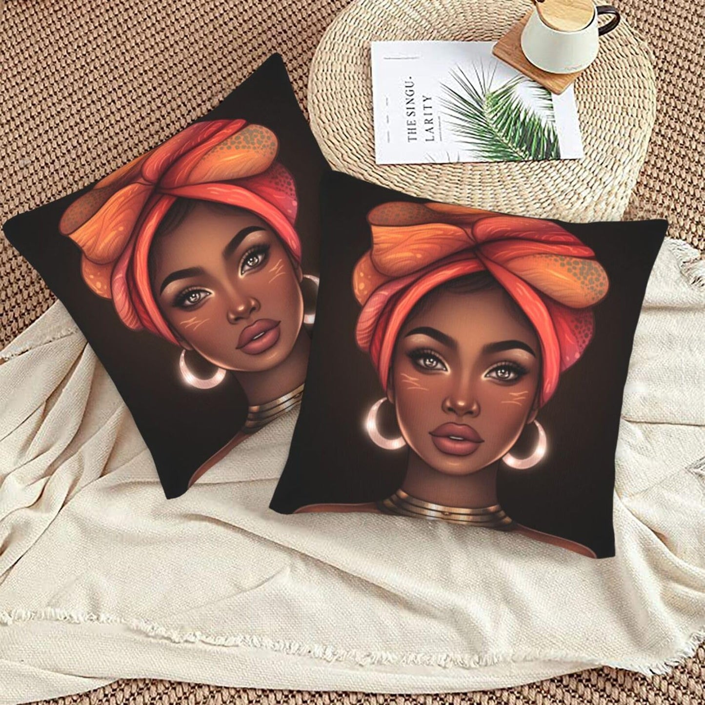 Fiokroo African Black Girl Afro Woman Throw Pillow Covers Set of 2 Pillow Cushion Cases Square Pillowcases for Sofa Bedroom Living Room Car, 18 X 18 Inch