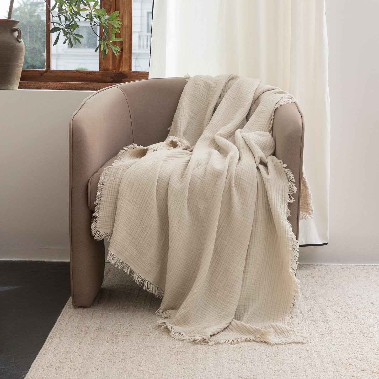 FOSSA Muslin Blanket with Fringe - 4-Layer 100% Cotton Gauze Super Soft & Breathable Throw -Lightweight Decorative Cooling Blanket for Bed, Sofa, Office (Beige, Throw (60" × 50"))