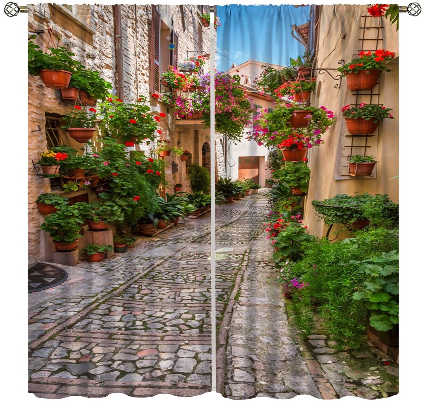 Italian Landscape Decor Curtain, Town Floral Plant Natural European Italy Street Rustic Garden Green Vine Print Rod Pocket Window Drapes, for Bedroom Living Room 42" W X 45" L