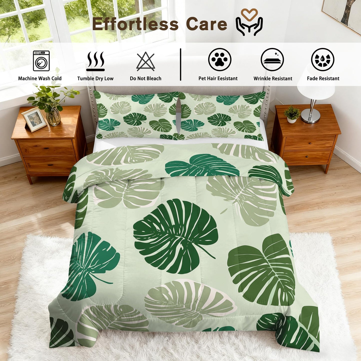 Palm Leaf Comforter Set King Size 3Pc, Green Tropical Plants Pattern Down Alternative Bed Comforter, 2 Pillow Shams, Soft All Season Bedding, Leaf Bedroom Decor A9
