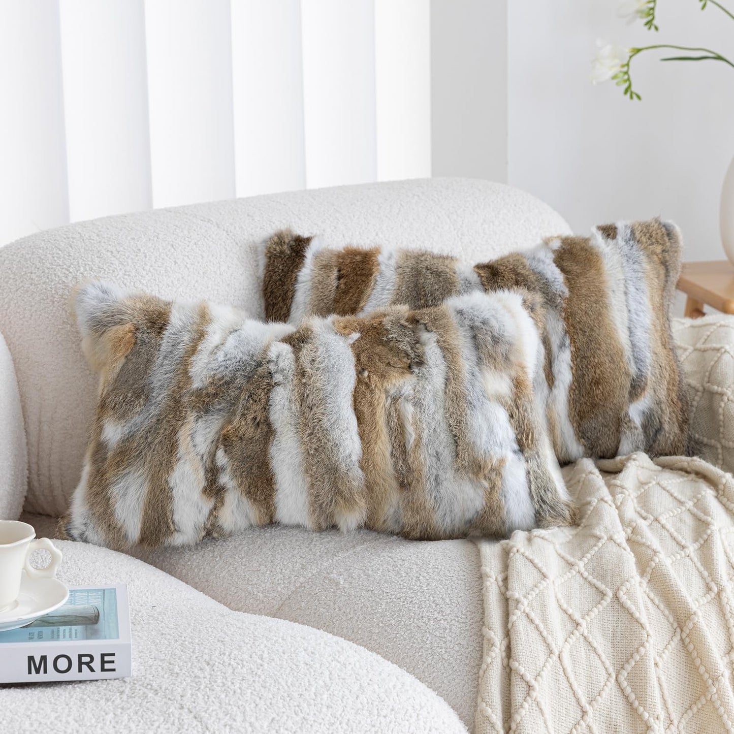 ROSE FEATHER Genuine Rabbit Fur Pillow Covers Set of 2,Luxury Decorative Throw Pillowcases Fluffy Animal Skin Accents Bolster Cushion Cover for Couch Sofa Bedroom Living Room Home,12x20inch,Yellow