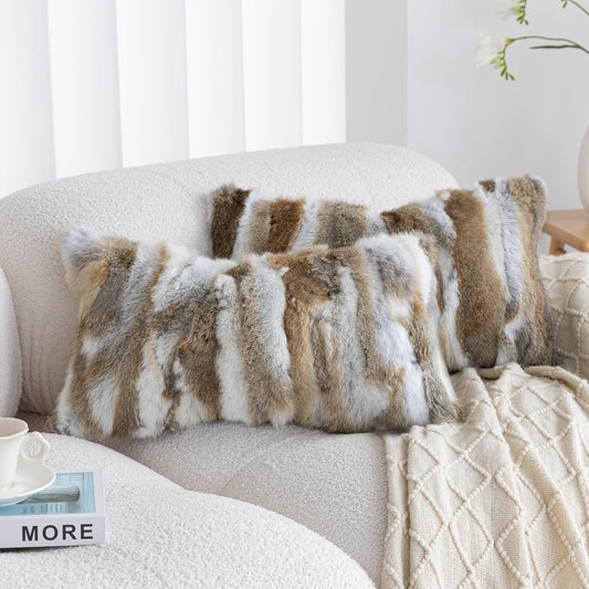 ROSE FEATHER Genuine Rabbit Fur Pillow Covers Set of 2,Luxury Decorative Throw Pillowcases Fluffy Animal Skin Accents Bolster Cushion Cover for Couch Sofa Bedroom Living Room Home,12x20inch,Yellow