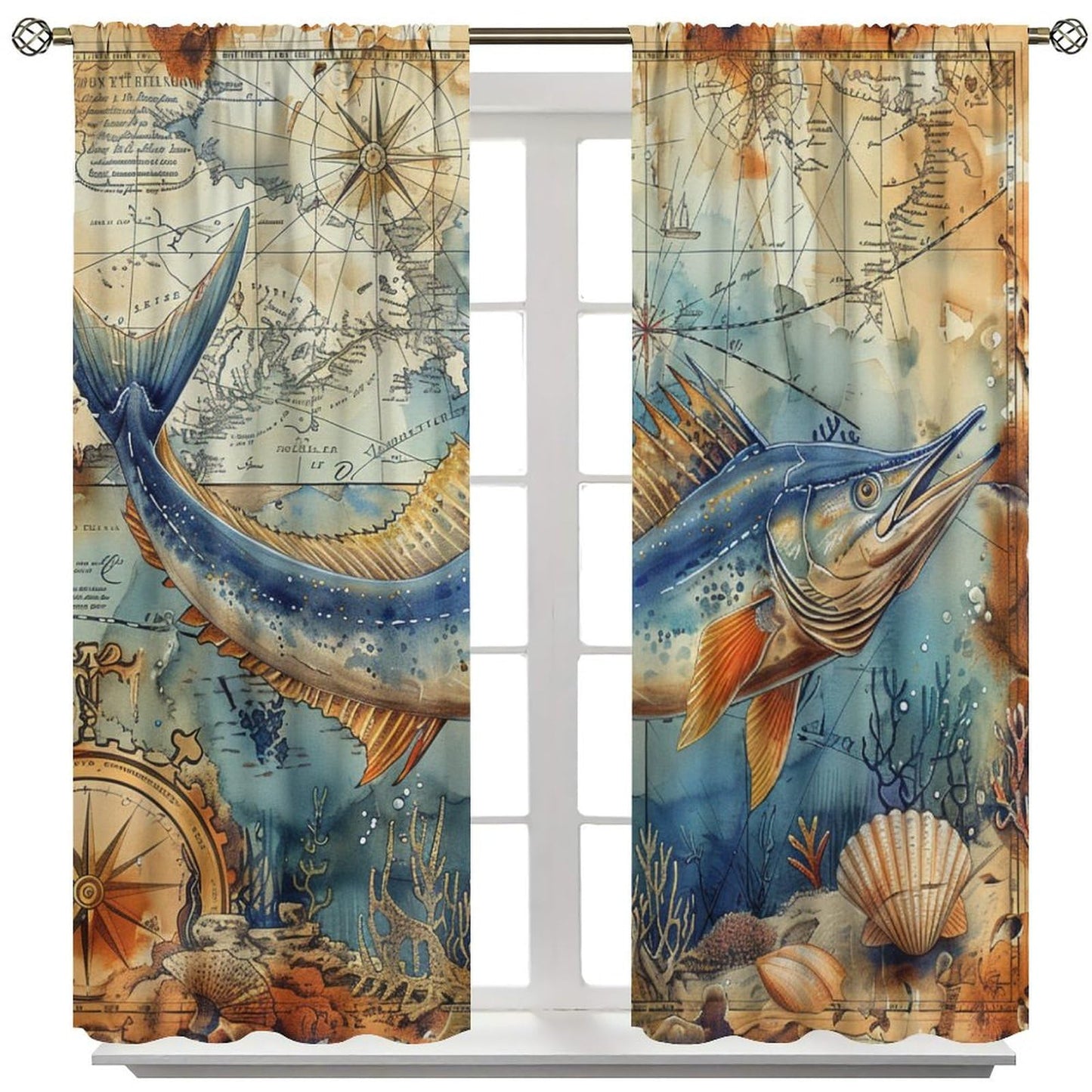 TOWINSFB Nautical Compass Marlin Fish Blackout Curtains, Old Medieval Ocean Map Coral Home Decor Rod Pocket Window Drapes for Living Room Bedroom - 2 Panels, Each 21" W x 63" L