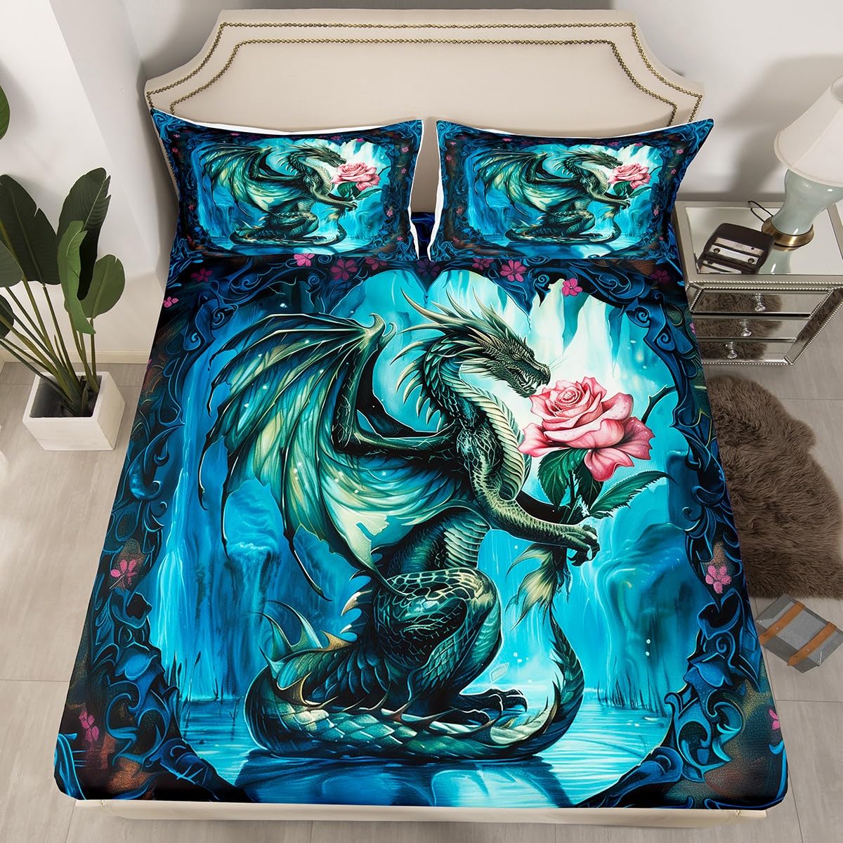 3D Dragon Fitted Sheet Queen Size,Pink Rose Floral Bedding Set 3Pcs for Kids Girls Boys Teens Room Decor,Western Animals Bed Sheets Mysterious Magical Style Blue Deep Pocket Sheet,2 Pillowcases