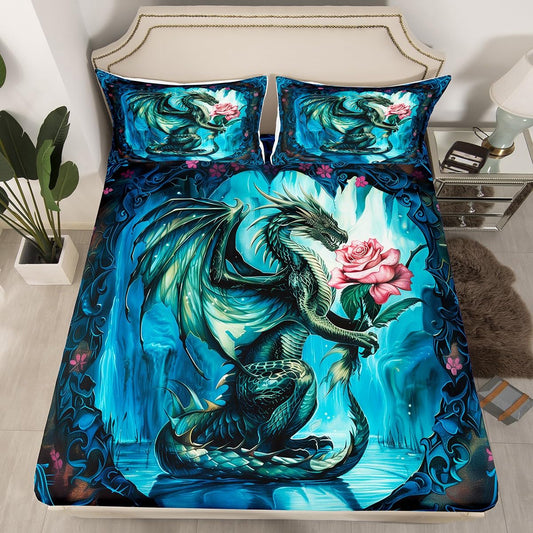 3D Dragon Fitted Sheet Queen Size,Pink Rose Floral Bedding Set 3Pcs for Kids Girls Boys Teens Room Decor,Western Animals Bed Sheets Mysterious Magical Style Blue Deep Pocket Sheet,2 Pillowcases