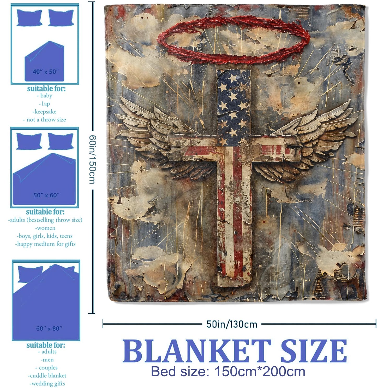 Plistiz Patriotic Angel Cross Throw Blanket 50"x60", American Flag Theme Blankets for Living Room Couch, Home, Sofa Decor, Soft Flannel Cross Gifts for Women