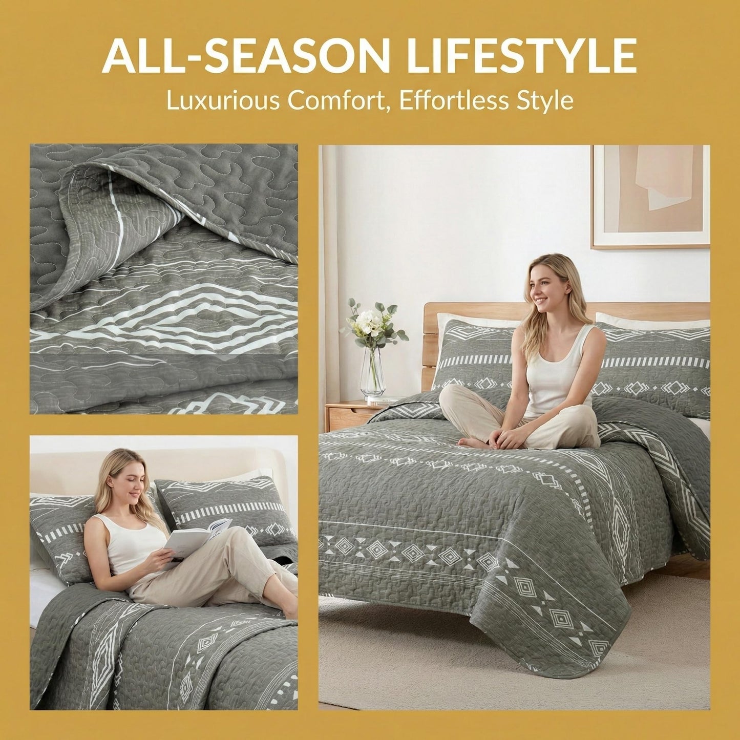 Whale Flotilla Full Queen Size Quilt Set - Reversible Grey Quilts Queen Size with 2 Pillow Shams, Lightweight Boho Striped Bedspreads Coverlet Bedding Set for All Seasons