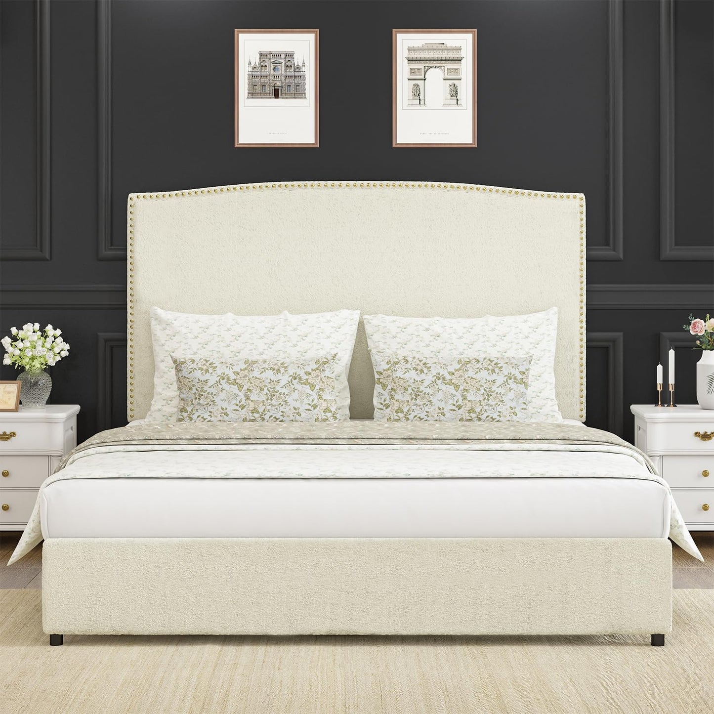 BarnFurin Queen Size Bed Frame with Headboard, 56" Upholstered Platform Bed with Nailhead Trim, Soft Boucle Fabric, No Box Spring Needed, Easy Assembly, Beige