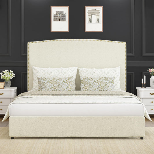 BarnFurin Queen Size Bed Frame with Headboard, 56" Upholstered Platform Bed with Nailhead Trim, Soft Boucle Fabric, No Box Spring Needed, Easy Assembly, Beige