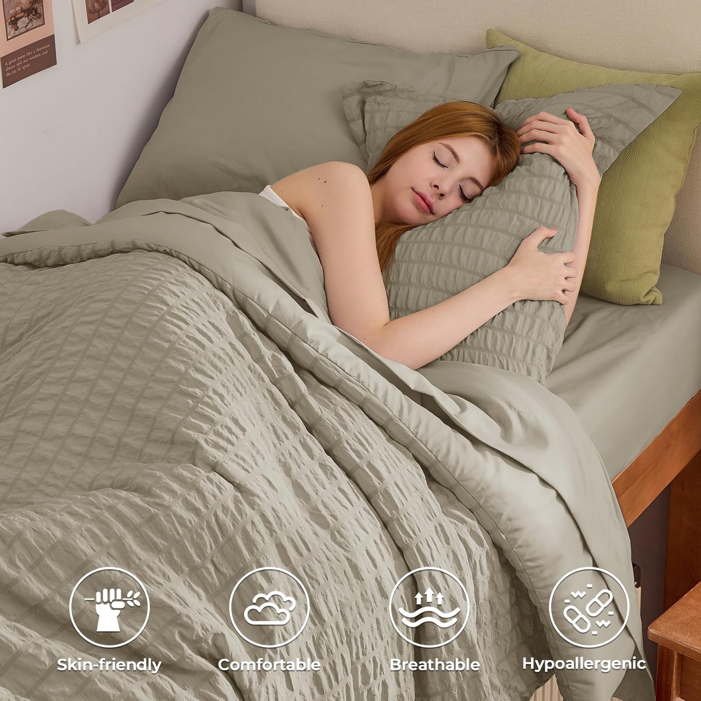 HYMOKEGE Linen Twin Comforter Set Seersucker 5 Pieces, All Season Luxury Bed in a Bag for Bedroom, Bedding Set with Comforter, Sheets, Pillowcase & Sham
