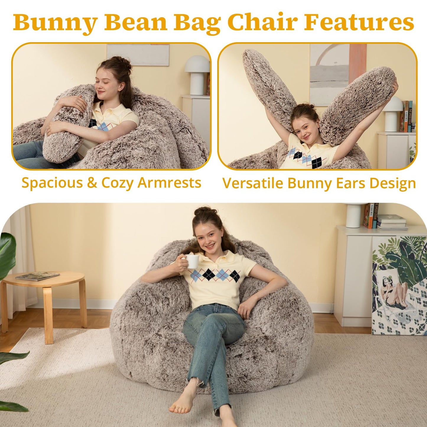 Achicsofar Bean Bag Chair for Adults Teens Giant Fluffy Plush Bean Bag Sofa with Filler Faux Fur Rabbit Shaped Beanbag Chairs Comfy Accent Floor Couch for Gaming, Reading in Bedroom, Living Room, Dorm