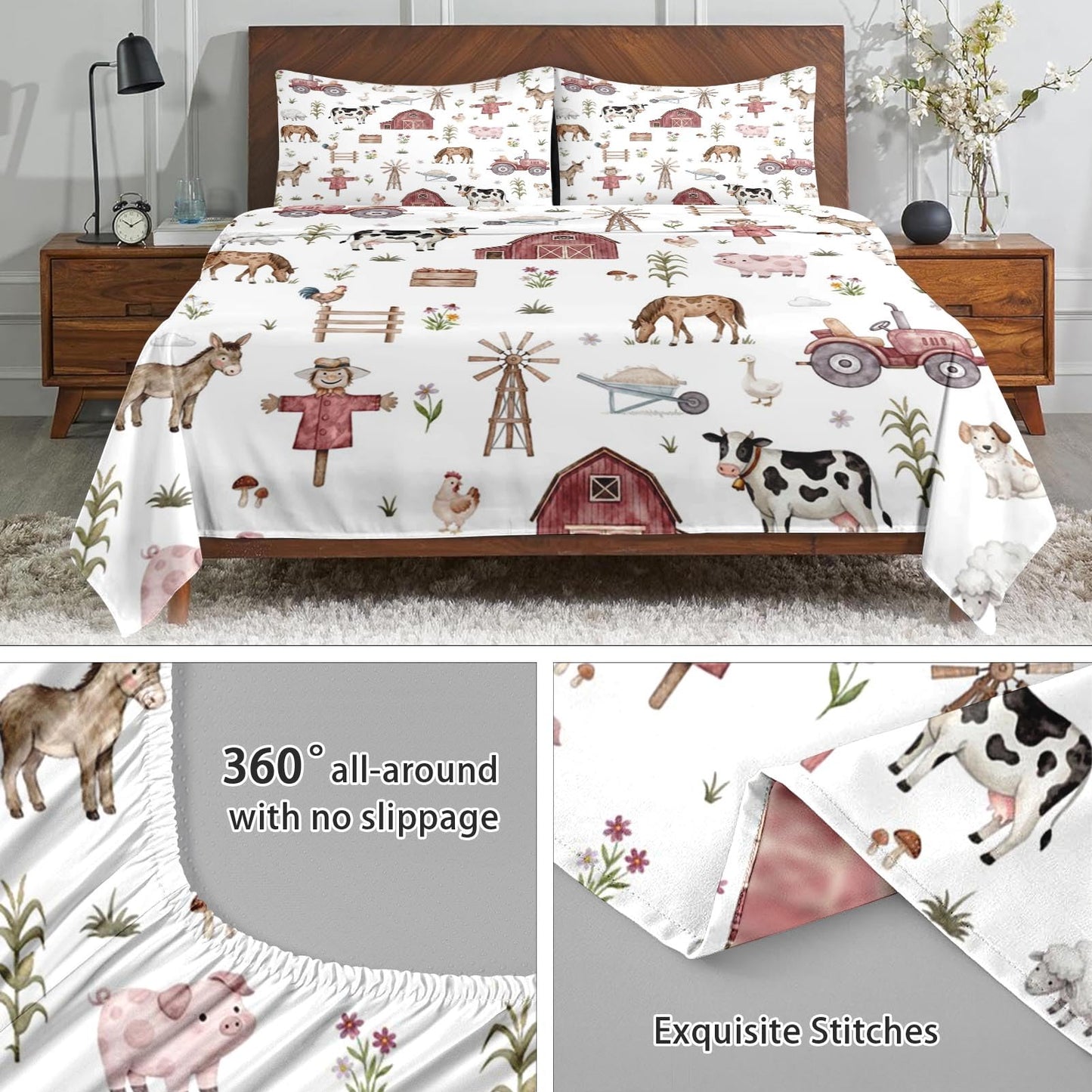 WeCozy Queen Size 4 Pcs Bed Fitted Sheet Set with 14" Deep Pocket, Animal Farm Tractor Flat Sheet Set for Kids and Adults, House Tree Pig Bedding with 2 Pillowcases for Bedroom Decor