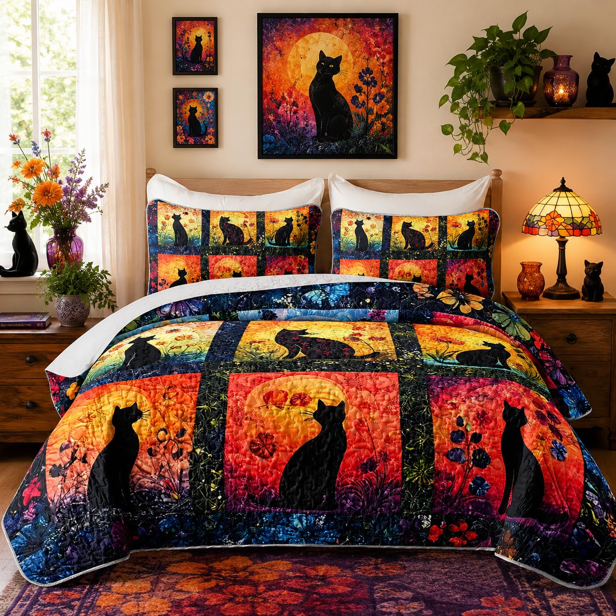 HOSIMA Cat King Size Quilt,Different Grid Patterns with Cats Flowers Printed,Cute Bedding for Kids Adults Room Decor,Animal Themed Bohemian Style Patchwork Quilt with 2 Pillowcases.