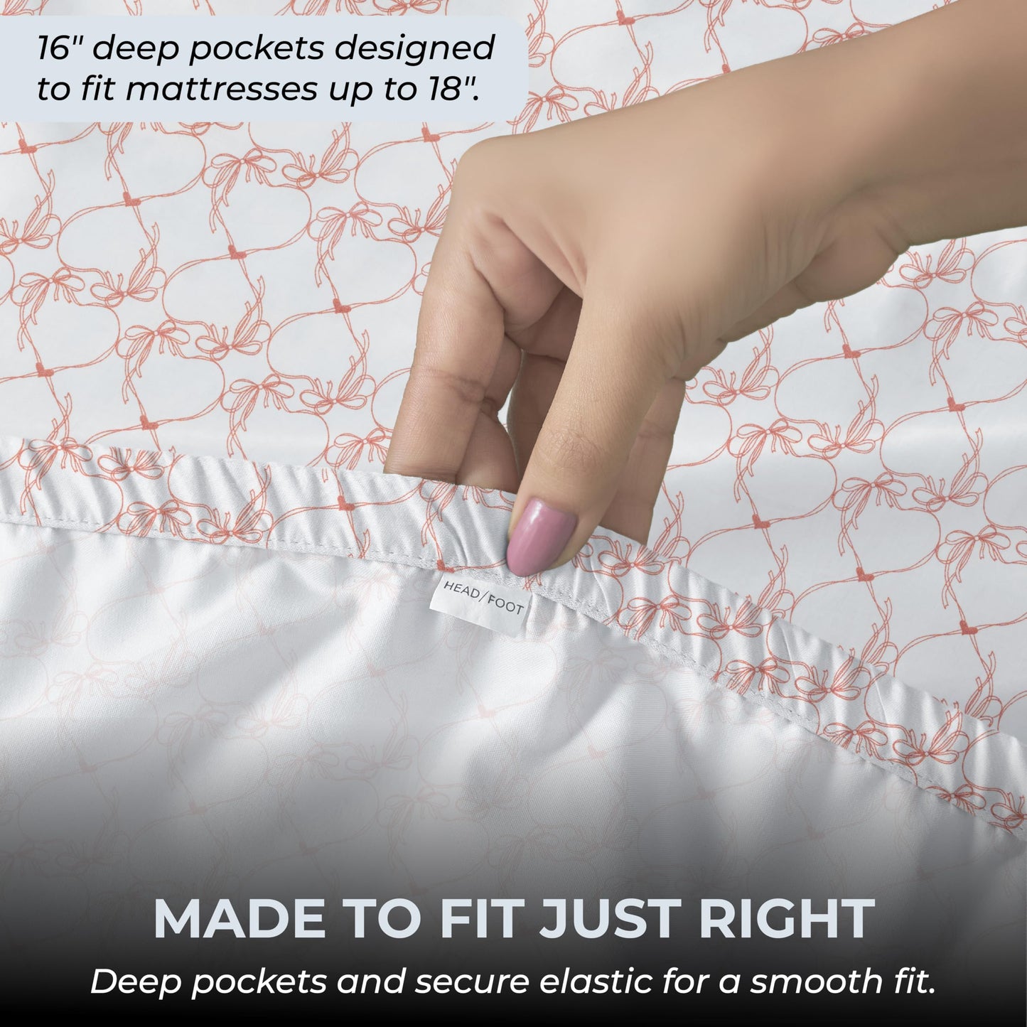 Mayil Manor Queen Size Fitted Sheet with 18" Deep Pockets, No Flat - Percale Weave Natural - Breathable 100% Cotton Printed Bedding, 1 Fitted Sheet + 2 Pillowcases - Pink Bows Print