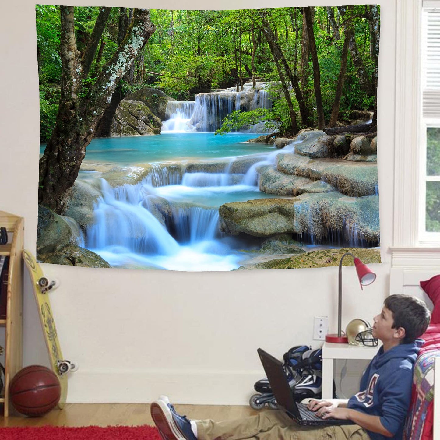 WODEJIA Forest Waterfall Fabric Tapestry Decorative Wall Art Tablecloth Bedspread Picnic Blanket Beach Throw Blanket Multifunctional for Bedroom Dormitory Living Room Hanging 79 x 59 Inches