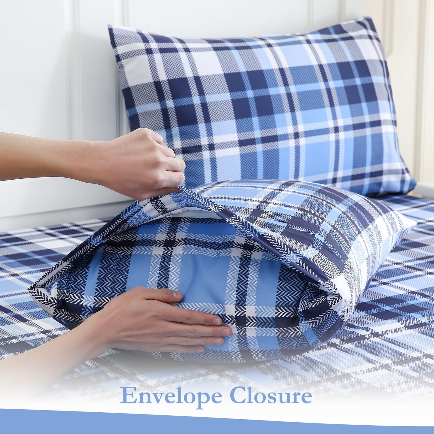 MICORAL Queen Sheet Set Blue Gingham Plaid, 4-Piece Brushed Microfiber Grid Bed Sheets, 16" Deep Pocket, Ultra Soft & Cooling Sheet, Oeko-TEX Certified, Blue