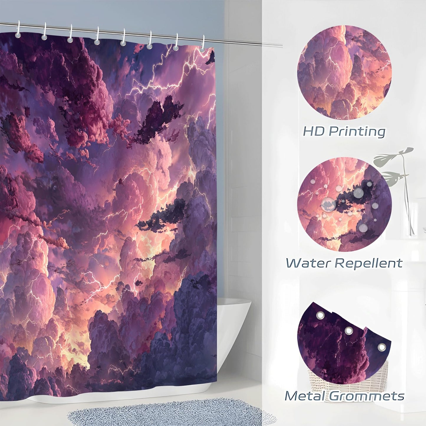 ZROLUW Purple Sky Shower Curtain Waterproof Soft Polyester Fabric 48" W x 72" L Cartoon Clouds Shower Curtains with Grommets Bathroom Accessories Decor