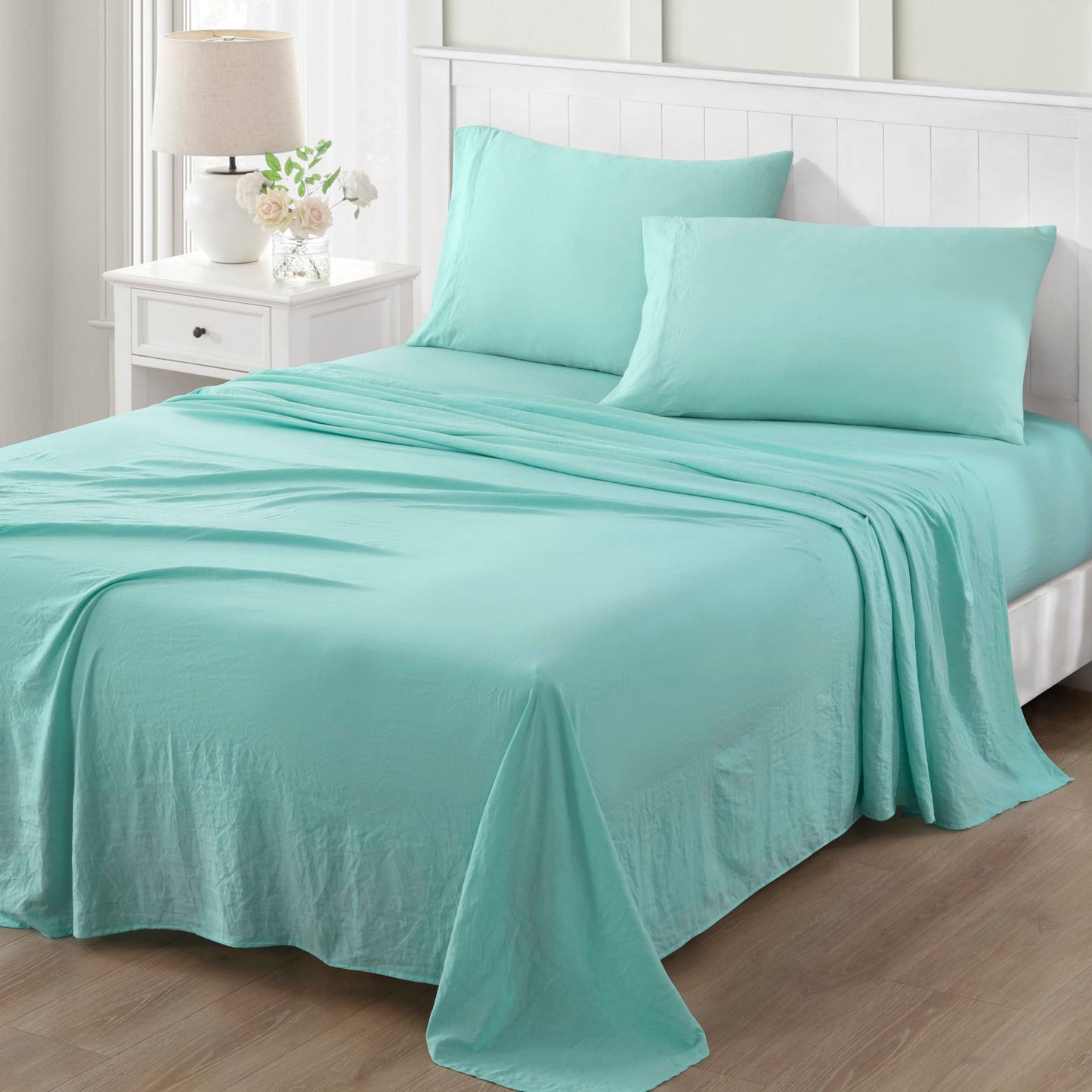 Martha Stewart Ultra Soft Brushed and Washed Microfiber 4 Piece Sheet Set, Easy Care, Comfy Bed Sheets with Deep Pocket up to 16", 1 Flat and 1 Fitted Sheet, 2 King Pillowcases, Cal King Size, Aqua