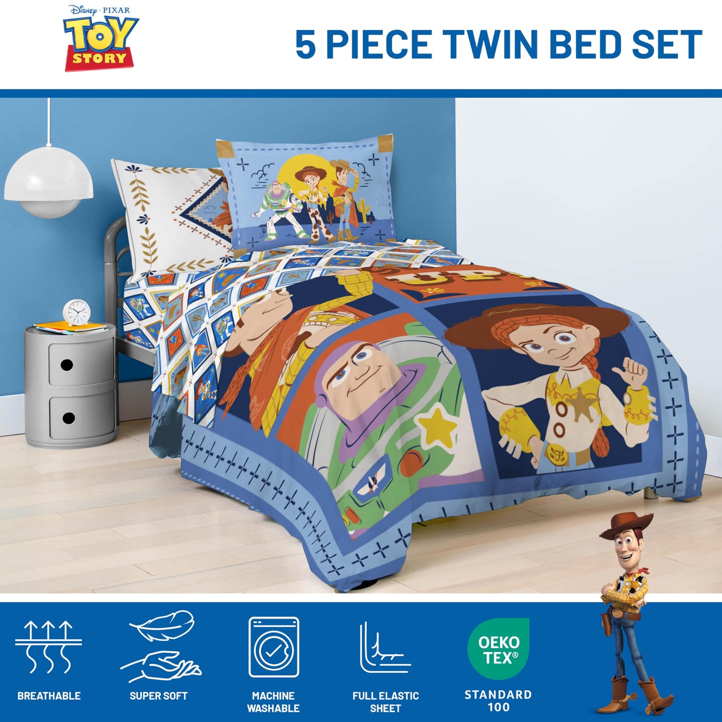 Jay Franco Kids Bed Set, Blue, Toy Story, 5 Piece Twin