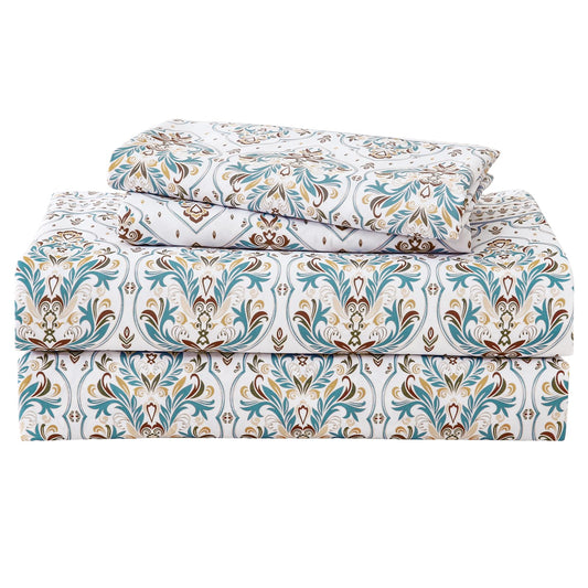 ChicView King Size Paisley Printed Sheet Set,4 Pieces Boho Style Breathable Soft Microfiber Bedsheets, Anti Pilling Deep Pockets Easy Care Bed Sheets, White Green