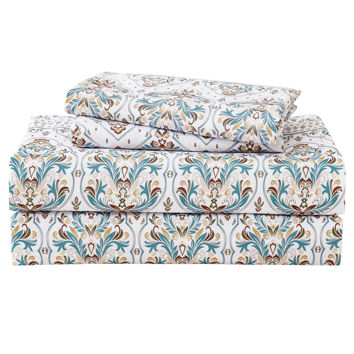 ChicView Queen Size Paisley Printed Sheet Set,4 Pieces Boho Style Breathable Soft Microfiber Bedsheets, Anti Pilling Deep Pockets Easy Care Bed Sheets, White Green