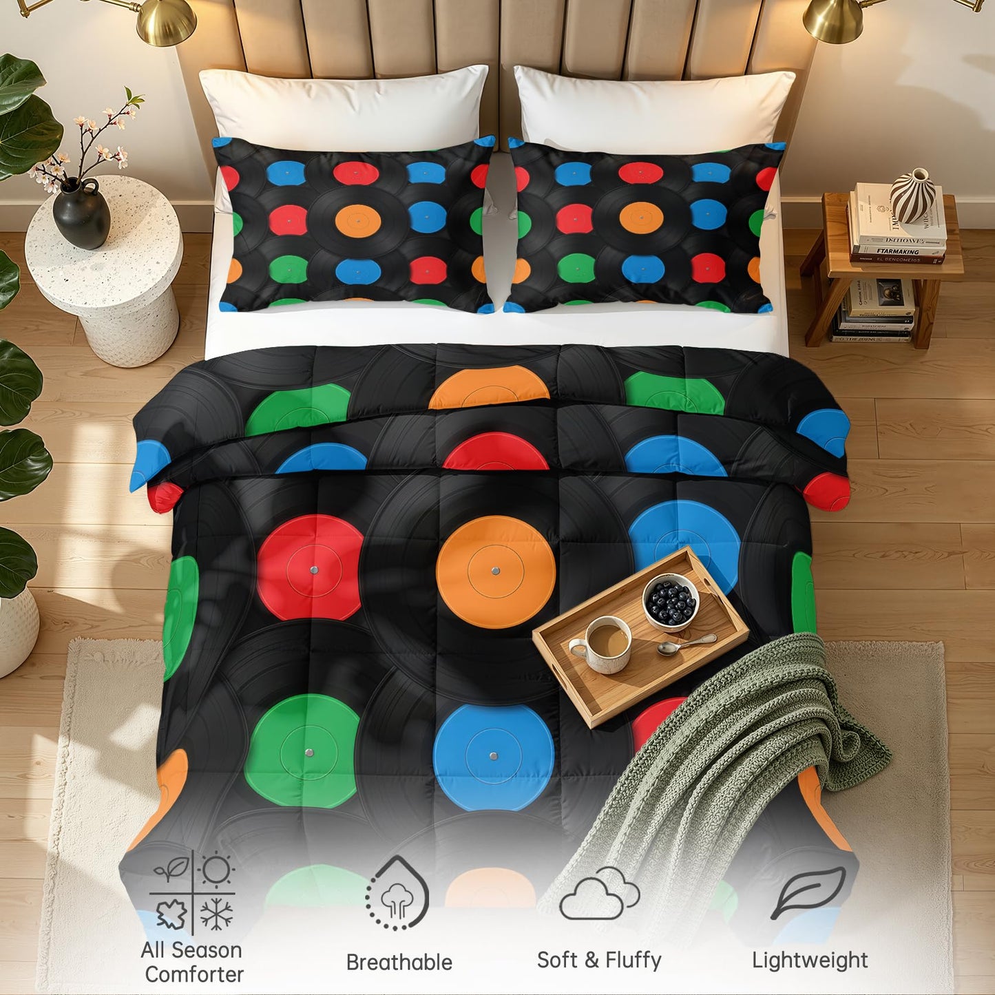 Vinyl Record Comforter Twin Size - 2 Pcs Bed Set, All Season Duvet Insert & Pillowcase, Music Bedding Set, Soft Lightweight Down Alternative Comforter, Music Bedroom Decor