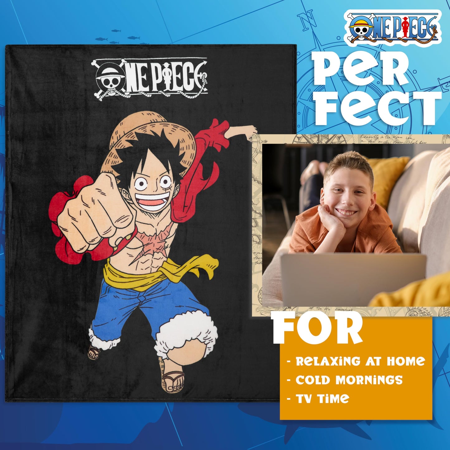 One Piece Fleece Throw Blanket Soft Cozy Anime Blanket for Bed or Couch Travel Gifts for Teens Boys Girls Fans Manga Luffy Room Decor Bedspread Sofa Accessory 51"x59"