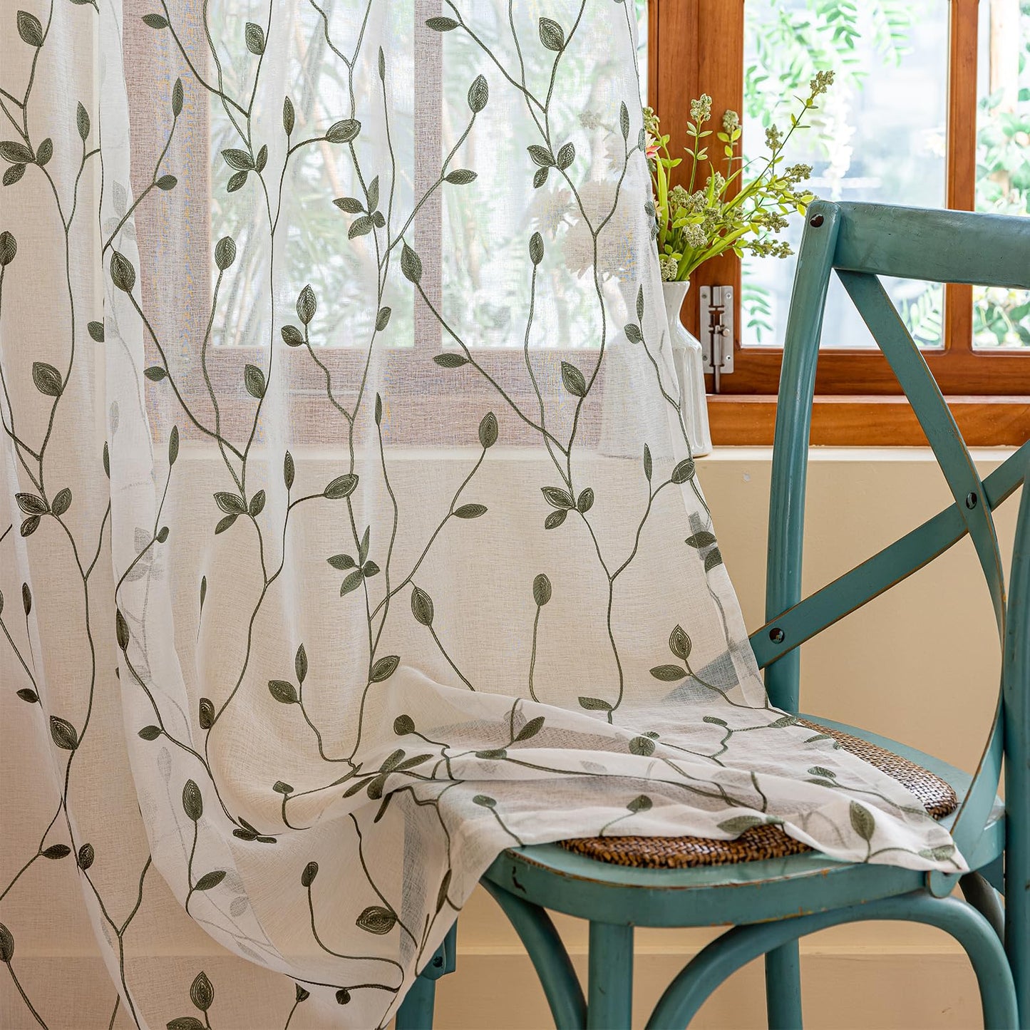 AmHoo 2 Panels Embroidered Leaf Pattern Semi Sheer Curtains Foliage Floral Voile Window Draperies Treatment for Bedroom Living Room Rod Pocket White Sage Green 53 x 95 Inch