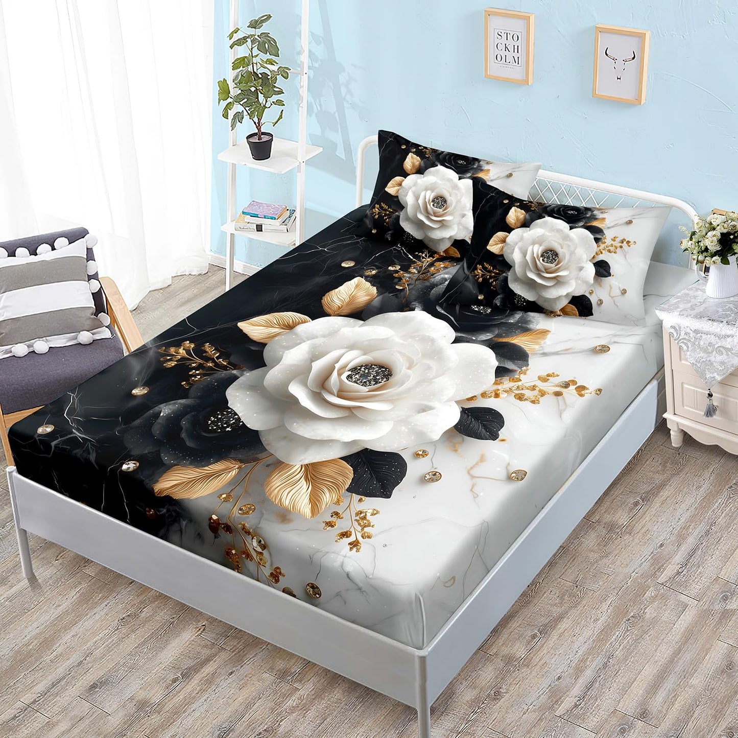 HOSIMA Floral Twin Bedding Sets for Women,Black White Marble Grain Ink Fluid Art Fitted Sheet for Girls Room Decor,Golden Leaves Pattern Lightweight Floral Bedding,1 Fitted Sheet+2 Pillowcases.