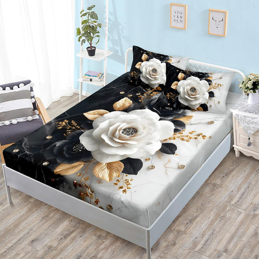 HOSIMA Floral Twin Bedding Sets for Women,Black White Marble Grain Ink Fluid Art Fitted Sheet for Girls Room Decor,Golden Leaves Pattern Lightweight Floral Bedding,1 Fitted Sheet+2 Pillowcases.