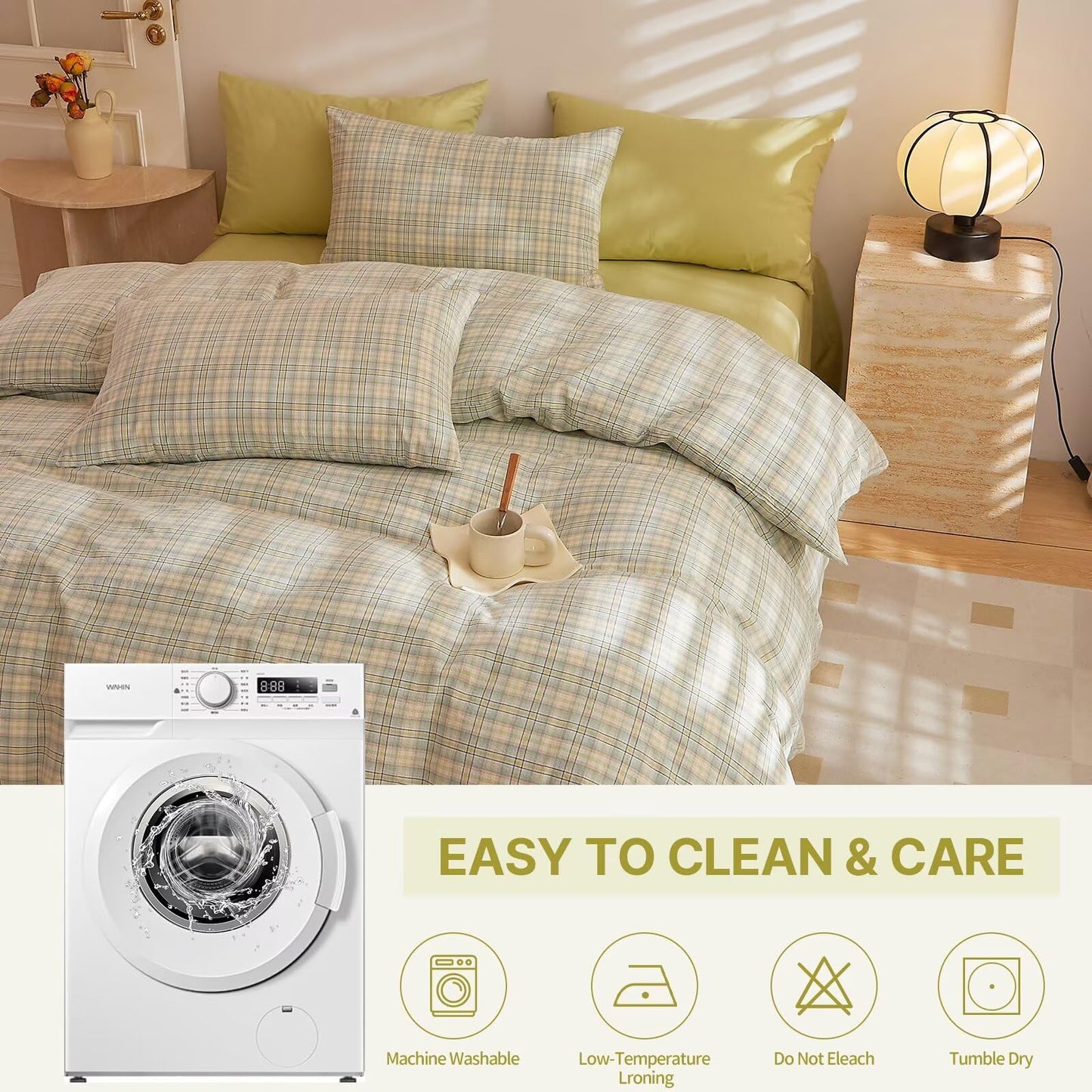 AMZTOP Queen Size Duvet Cover Set 100 Cotton,1 Duvet Cover and 2 Pillowcases,Green Plaid Comforter Covers Bed Set for All Season,Chic Simple Soft Breathable Queen Bedding 90"×90"