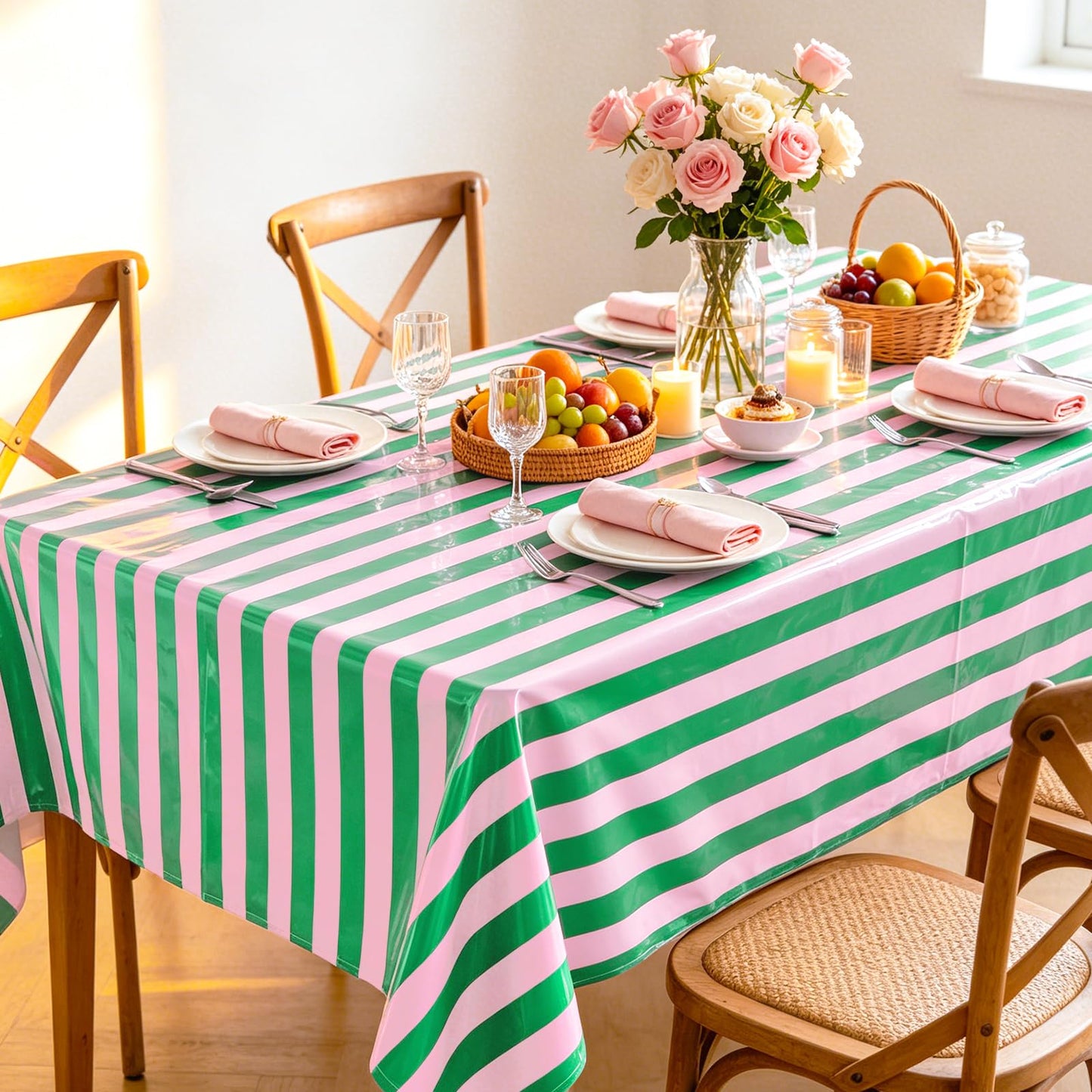 JarThenaAMCS 6Pcs Stripe Plastic Tablecloth Disposable Table Cloth Pink Green Rectangle Table Cover for Birthday Baby Shower Wedding Party Picnic Supplies, 54 x 108 Inch