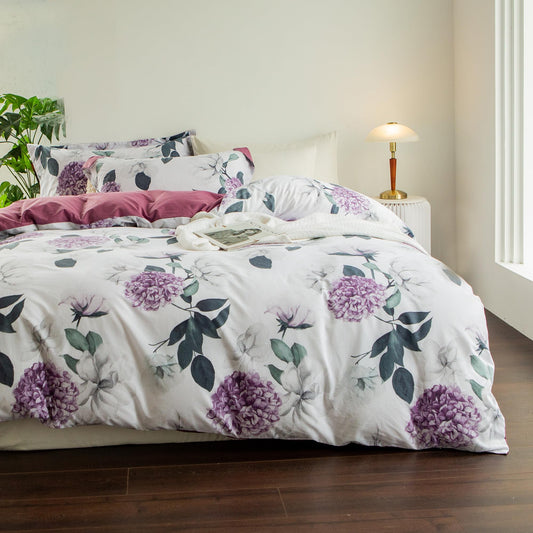 MILDLY 100% Washed Cotton Duvet Cover - Hydrangea Floral Comforter Cover Set Botanical Flower Pattern Bedding Set with Zipper Closure