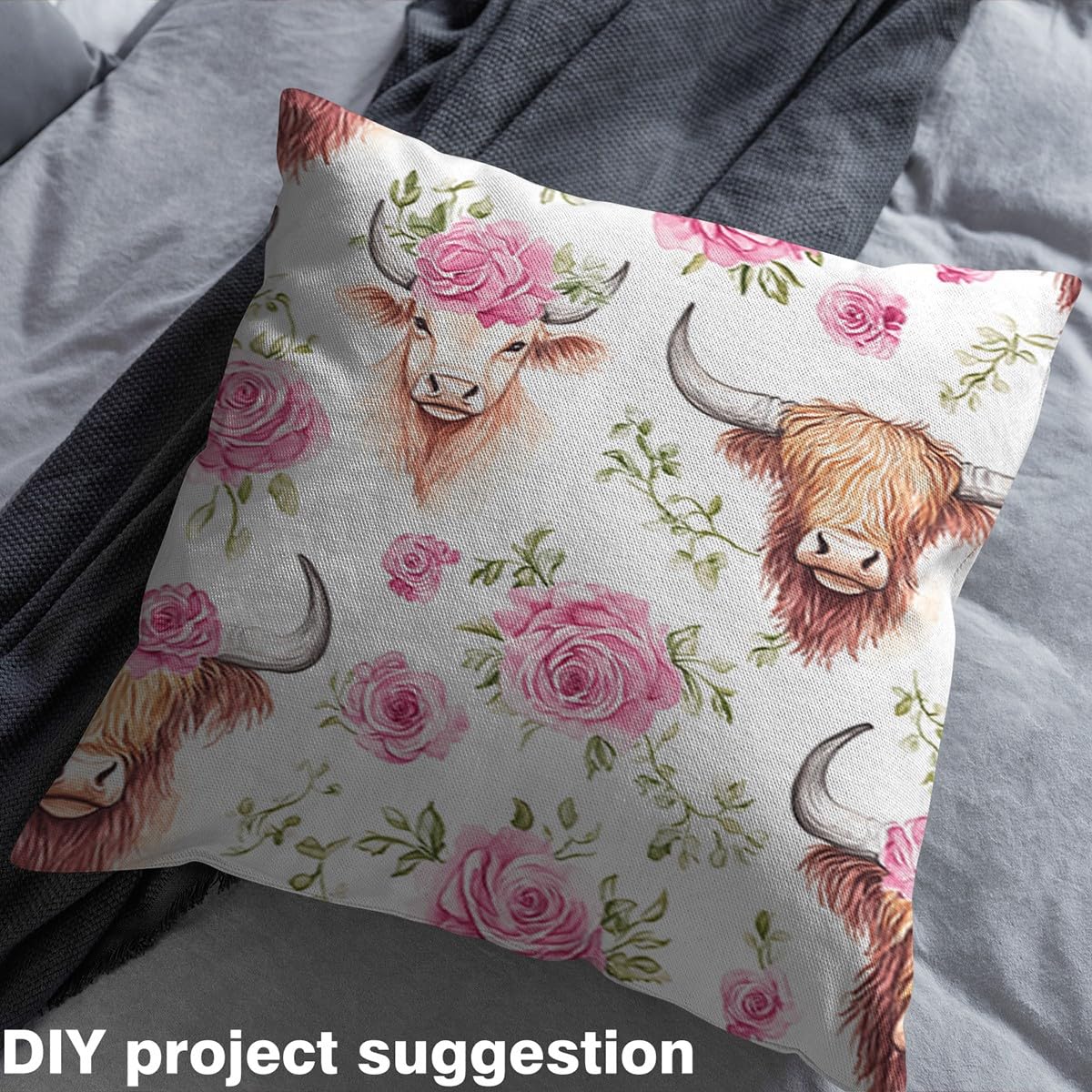 Brown Highland Cow Fabric by The Yard Watercolor Pink Rose Garden Flowers No Stretch Sewing Fabric Farm Animal Romantic Floral Rustic Flannel Polyester Fabric for DIY Projects 1 Yard Pre-Cut,36Lx59 W