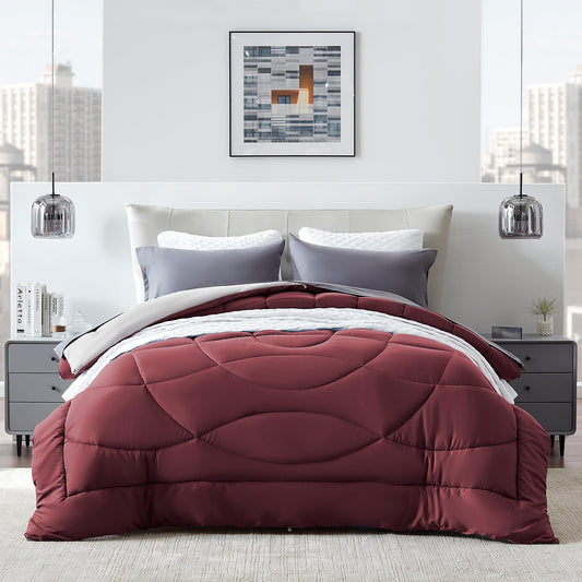SLEEP ZONE Comforter Duvet Insert, Queen Size Quilted Reversible Comforters, Soft All Season Duvet, Down Alternative Breathable Bedding with 8 tabs, 2 Sides Burgundy Gray 88 x 88 Inches