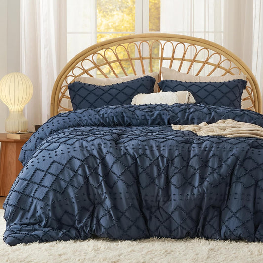 Bedsure Twin Comforter Set - Navy Blue Comforter, Boho Tufted Distressed Vintage Bedding for Kids, 2 Pieces Farmhouse-Style Bed Set for All Seasons, Fluffy Soft Bedding with 1 Pillow Sham