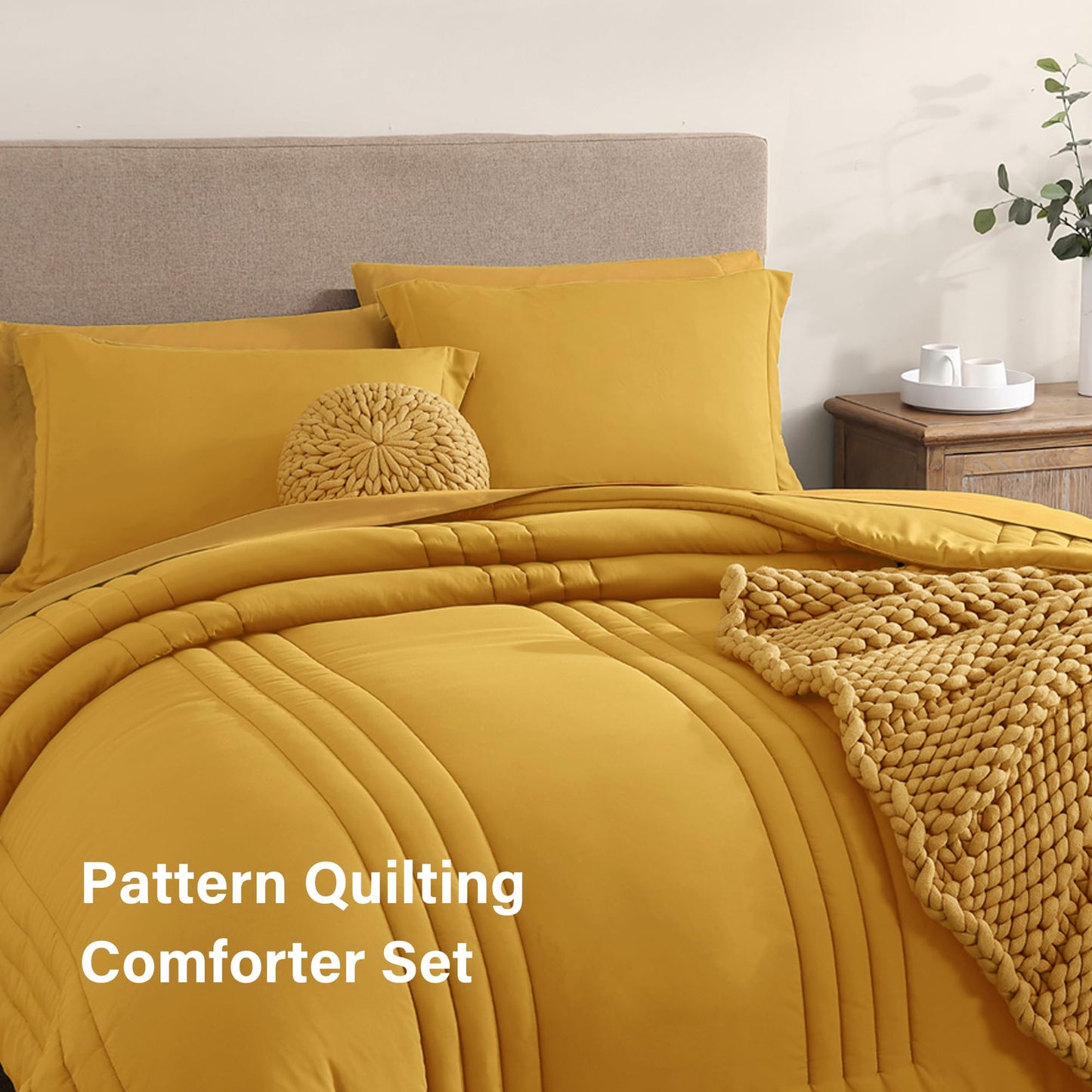 Monbix Queen Comforter Set - 7 Pieces Bright Yellow Bed in a Bag Queen Bedding Sets with Comforters, All Seasons Comforter Bed Set with Sheets,Pillowcases & Shams