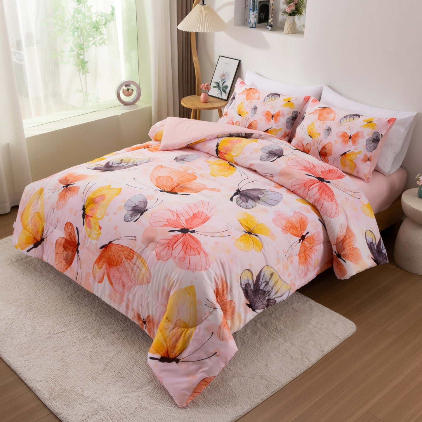Btargot 3 Piece Butterfly Pattern Girls Comforter Set, Colorful Ink Stick Printing Bedding Set for Women, Orange Full
