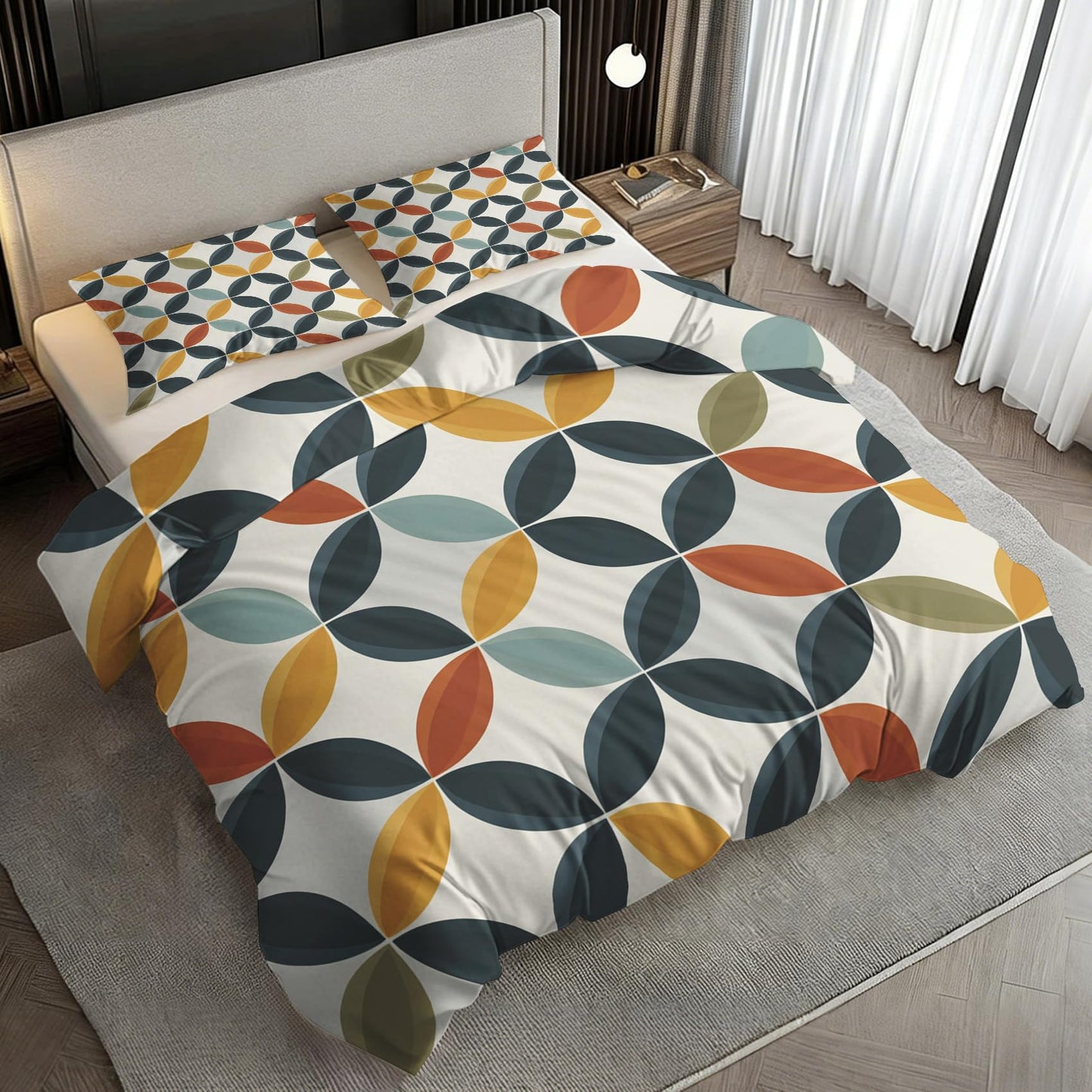 Mid Century Modern Twin Duvet Cover Set, Retro Geometric Circle Bedding Set 2 Pcs Reversible, MCM Geo Bedroom Decor, Ultra Soft Microfiber, 1 Pillow Sham, Zipper & Ties KJJT 104
