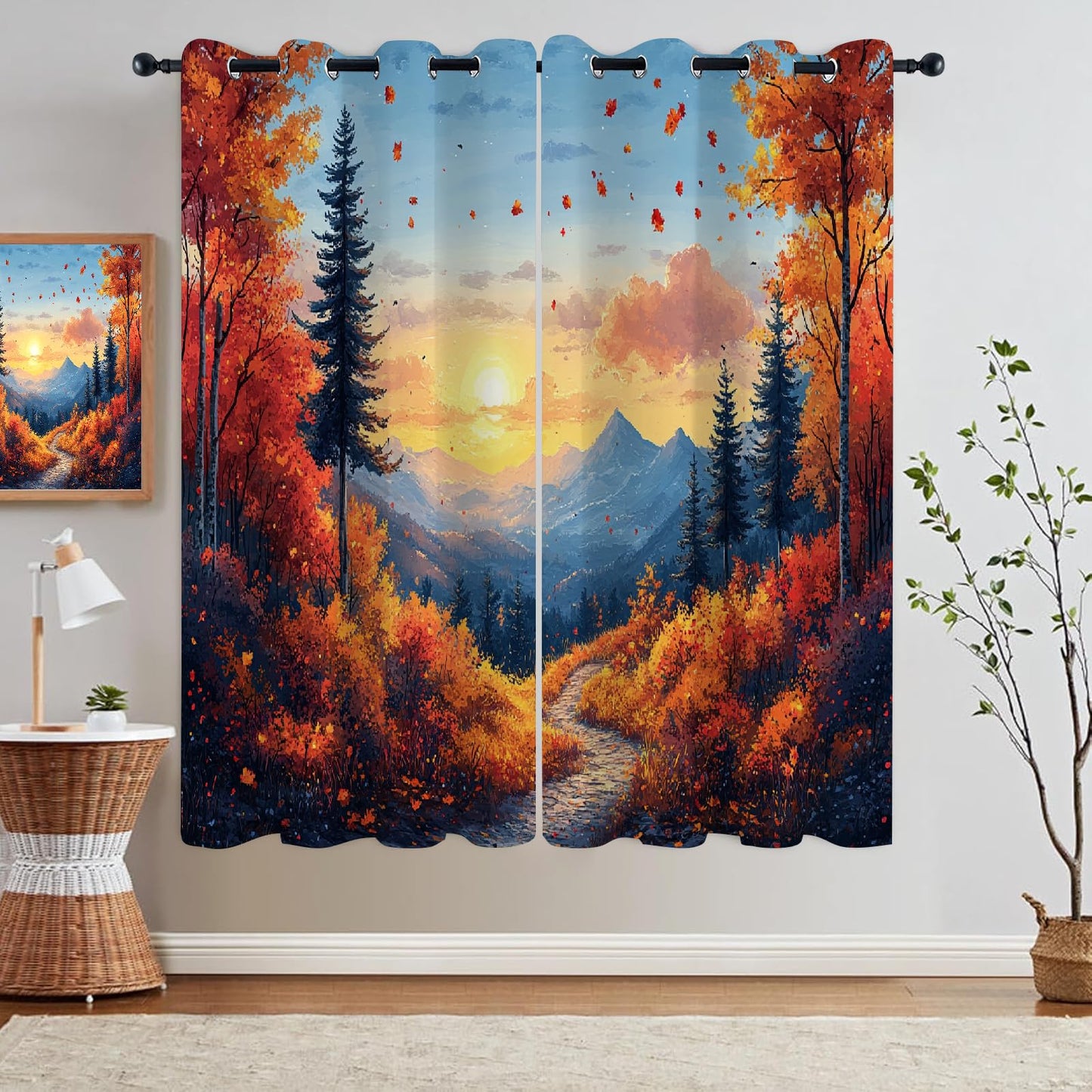 Towering Forest Trees 3D Pattern Curtains, Sunset Sky Scenery Blackout Curtains 2 Panels, Thermal Insulated Room Darkening Curtains for Living Room Bedroom Kitchen(42" W x 63 "L)